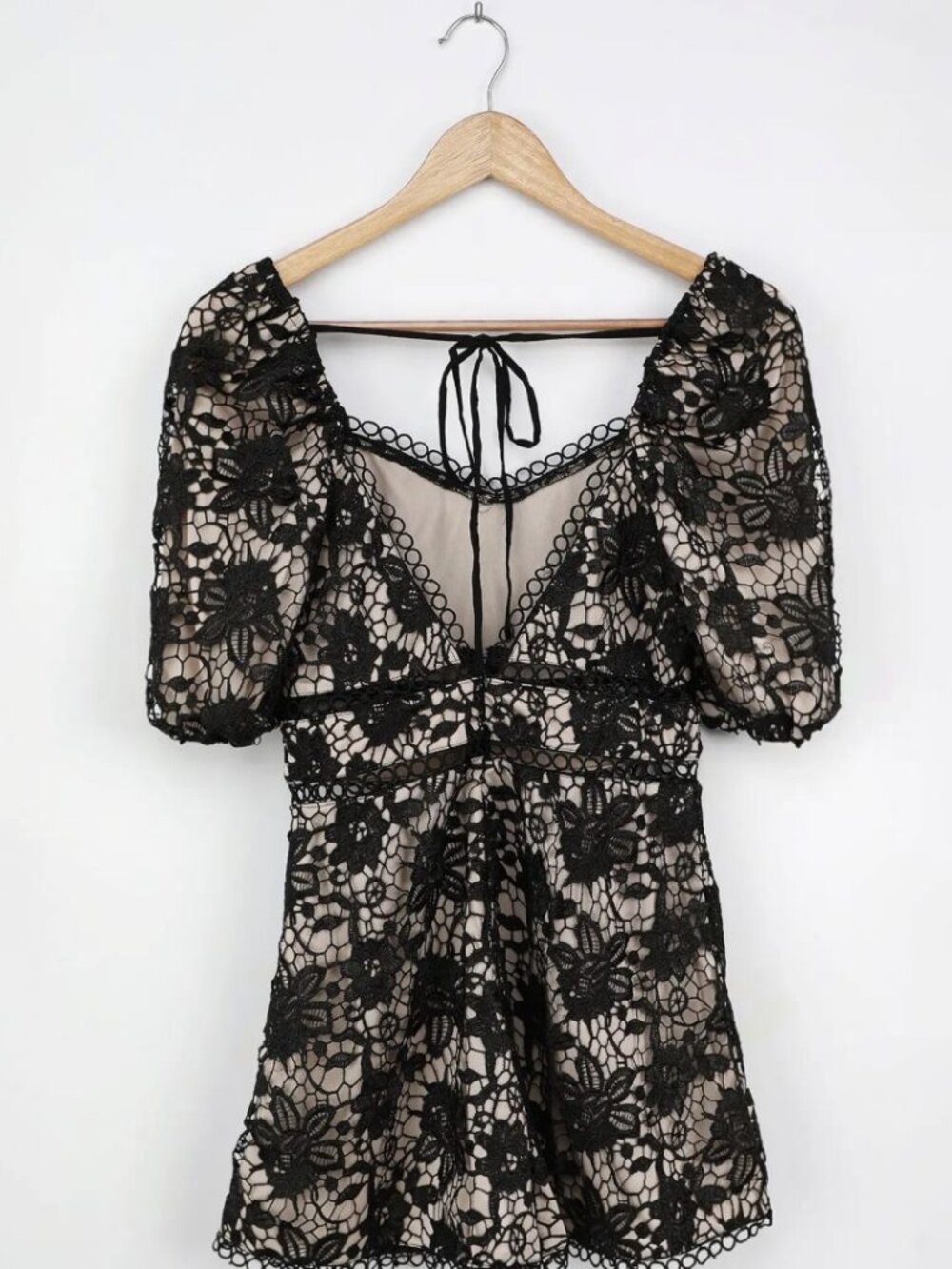 NWT Lulus Let Me Mesmerize You Black Crochet Lace Puff Sleeve Romper (size S) - Picture 6 of 11